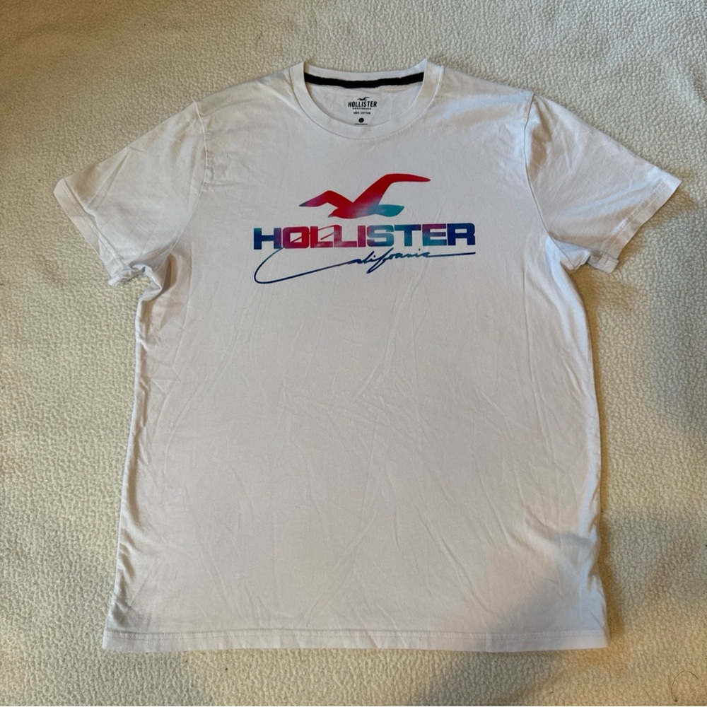 Hollister men’s white short sleeve t shirt ombre logo size large